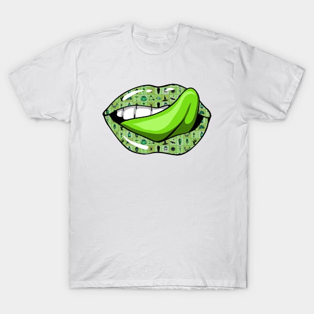 Artistic Abstract Green Halloween Pattern Lips with Green  Tongue - by Iskybibblle T-Shirt by iskybibblle